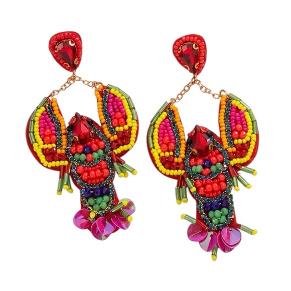 NWT Lobster Beaded Statement Earrings | Sequin & Rhinestone Dangle - Picture 2 of 6